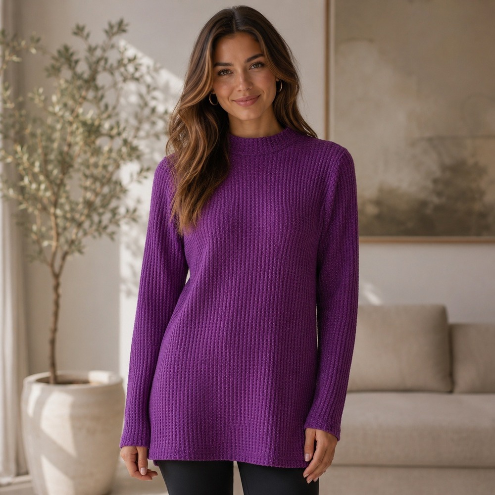 LOGO Lori Goldstein Purple Waffle Knit Metallic Long‎ Sleeve Top Small A566542